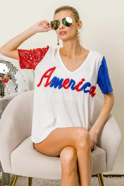 BiBi Metallic Letter V-neck Sequin Sleeves Top in Cream