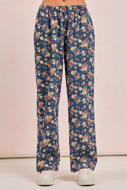 BiBi Washed Floral Print Wide Leg Jeans