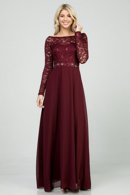 La Scala Long Sleeve Lace and Chiffon A-Line Gown