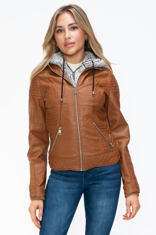 YMI Faux Layered Double-Zipper Jacket with Fuzzy Hood