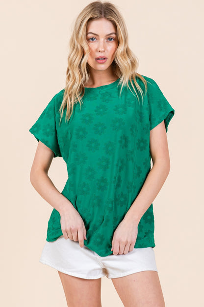 BOMBOM Textured Floral Pattern Short Sleeve Green T-Shirt