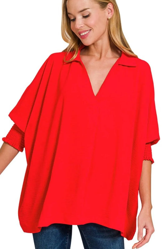 Zenana Airflow Collar Tee with Smocked Sleeve Band Top in Tomato