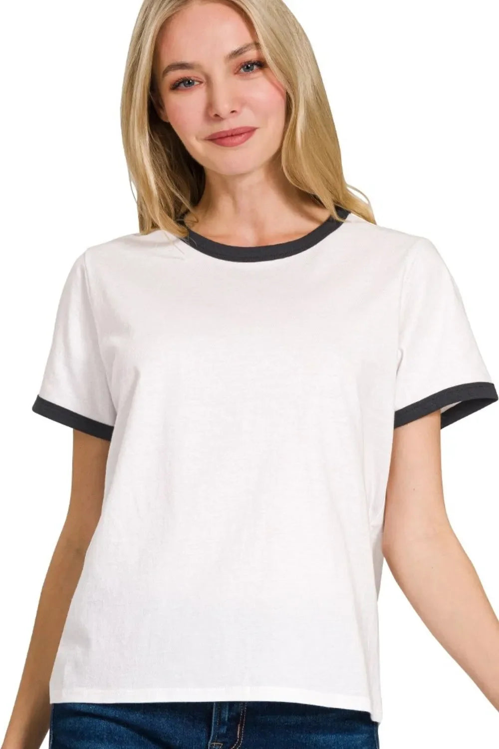 Zenana Contrast Binding Short Sleeve Tee Shirts in Black
