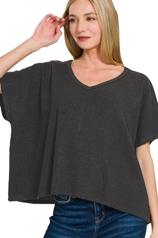 Zenana Ribbed V-Neck Short-Sleeve Knit Top in Black