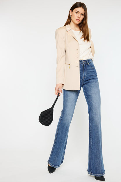 Long Length High Rise Flare Jeans Casual Denim with Pockets