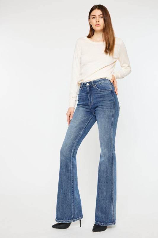 Long Length High Rise Flare Jeans Casual Denim with Pockets