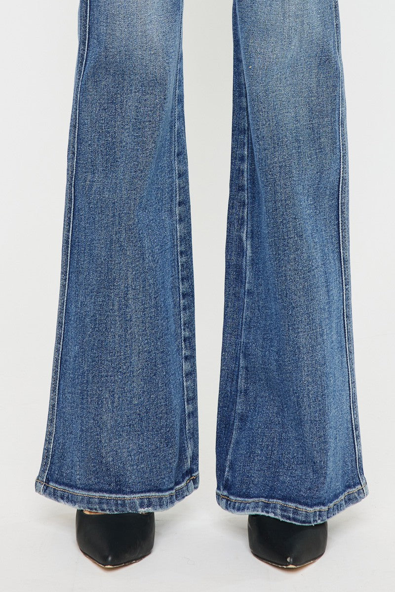 Long Length High Rise Flare Jeans Casual Denim with Pockets