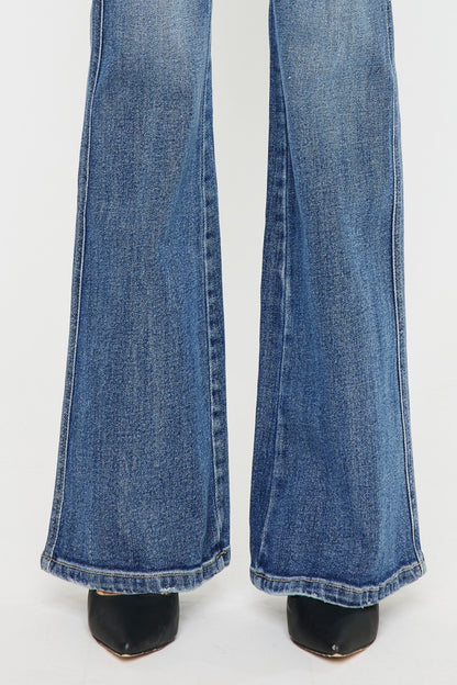 Long Length High Rise Flare Jeans Casual Denim with Pockets