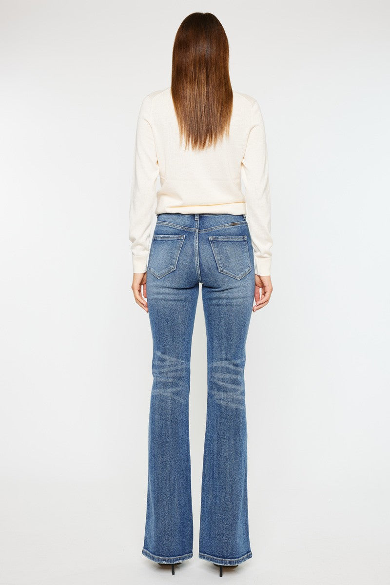 Long Length High Rise Flare Jeans Casual Denim with Pockets