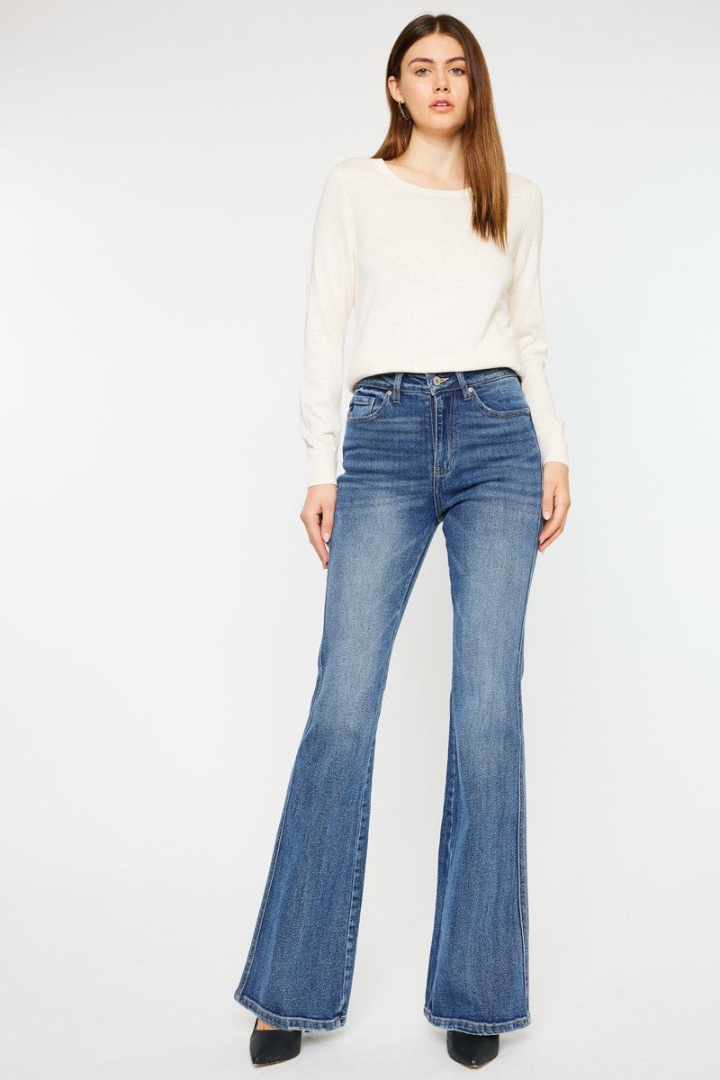 Long Length High Rise Flare Jeans Casual Denim with Pockets