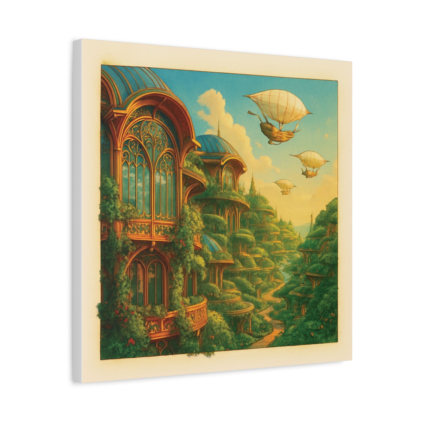 Solarpunk Utopia Cityscape - Futuristic Green Architecture & Airships Canvas Print Wall Art