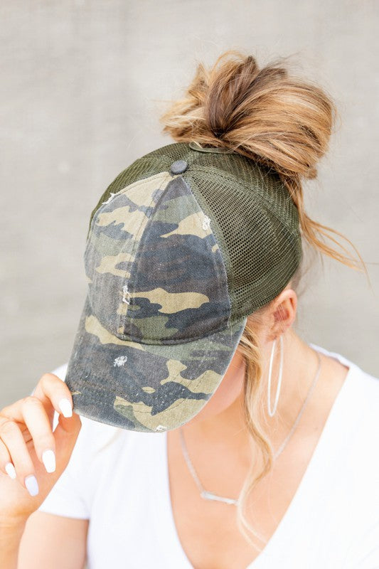 PonyFlo CAMO Distressed Messy Bun Cap Hat