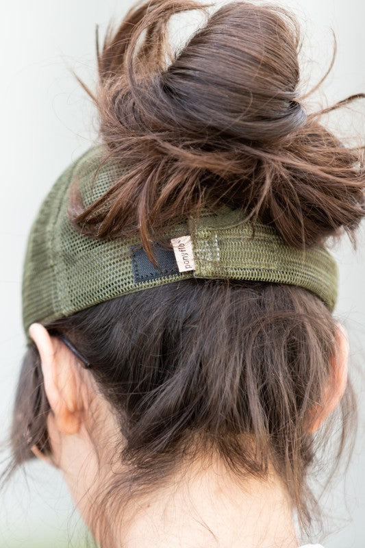 PonyFlo CAMO Distressed Messy Bun Cap Hat