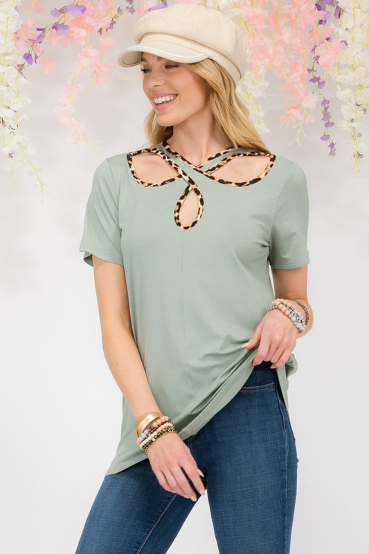 Celeste Full Size Crisscross Cutout Leopard Contrast Trim T-Shirt