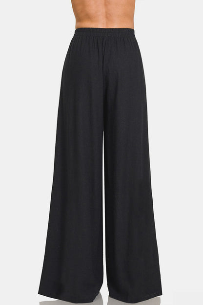 Zenana Pleated Linen Blend Wide Leg Pants