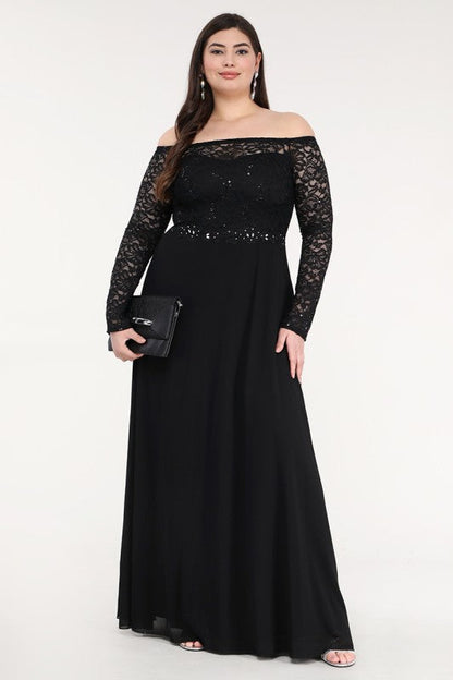 La Scala Plus Size Long Sleeve Lace and Chiffon Gown