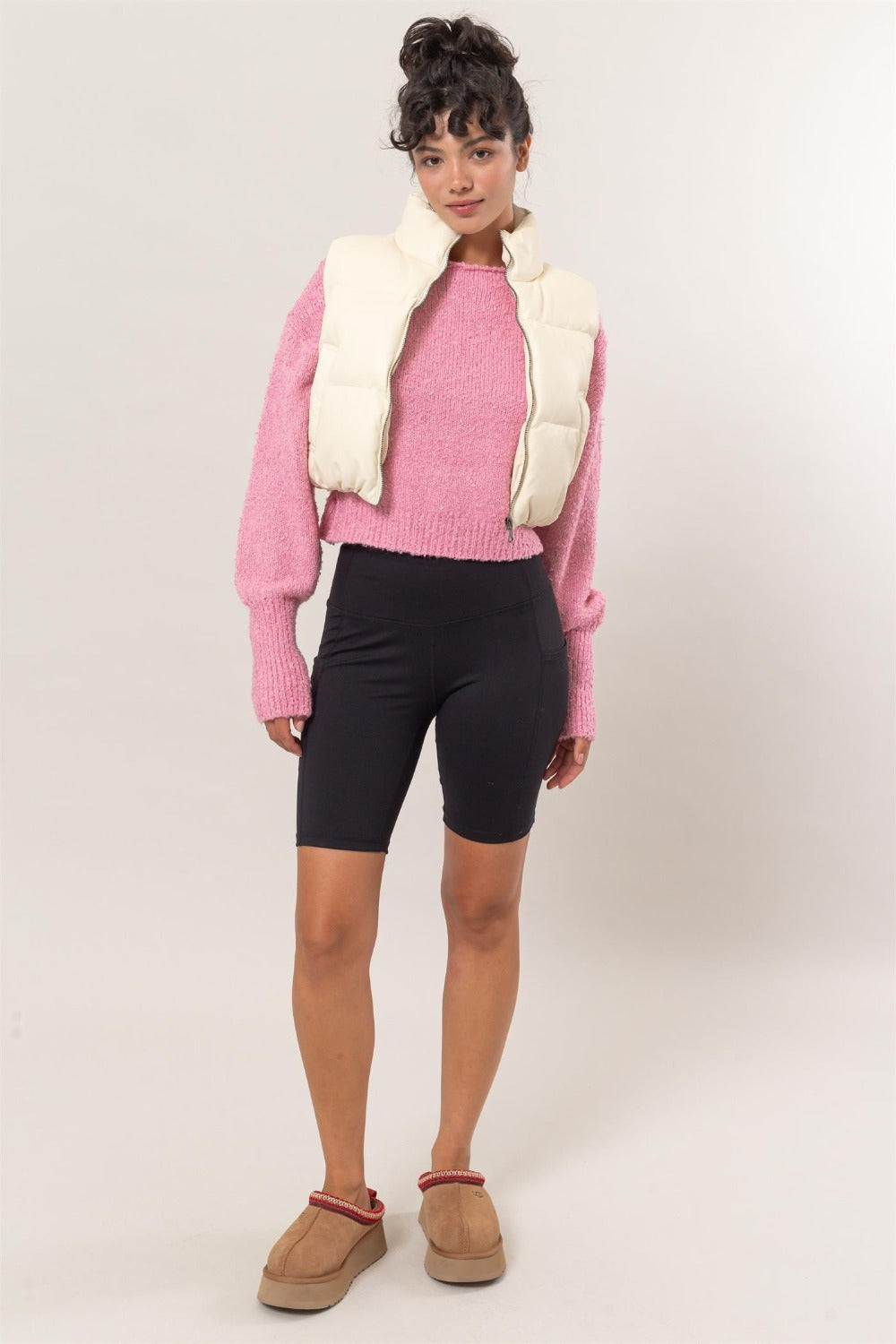 HYFVE Leather Zip Up Cropped Puffer Vest