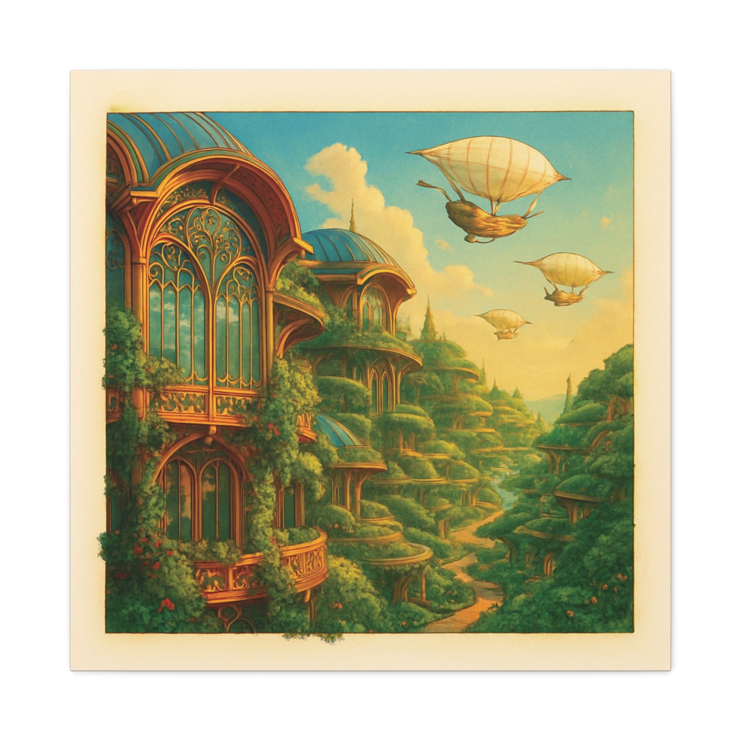 Solarpunk Utopia Cityscape - Futuristic Green Architecture & Airships Canvas Print Wall Art