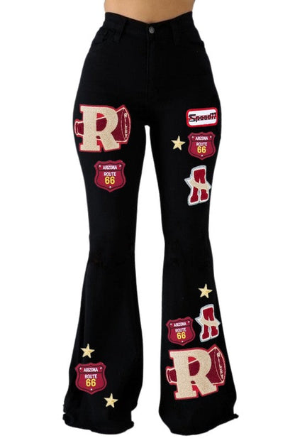 GJG Denim Varsity Patch Bell Bottom Jean in Black