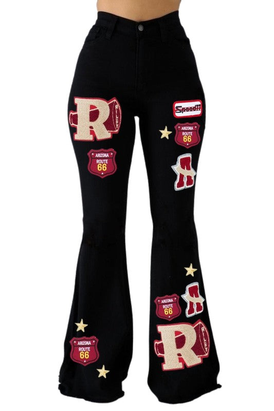 GJG Denim Varsity Patch Bell Bottom Jean in Black