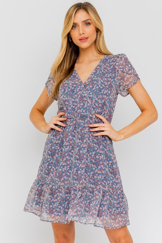 Gilli Apparel Puff Sleeve Faux Wrap Mini Dress With Ruffle