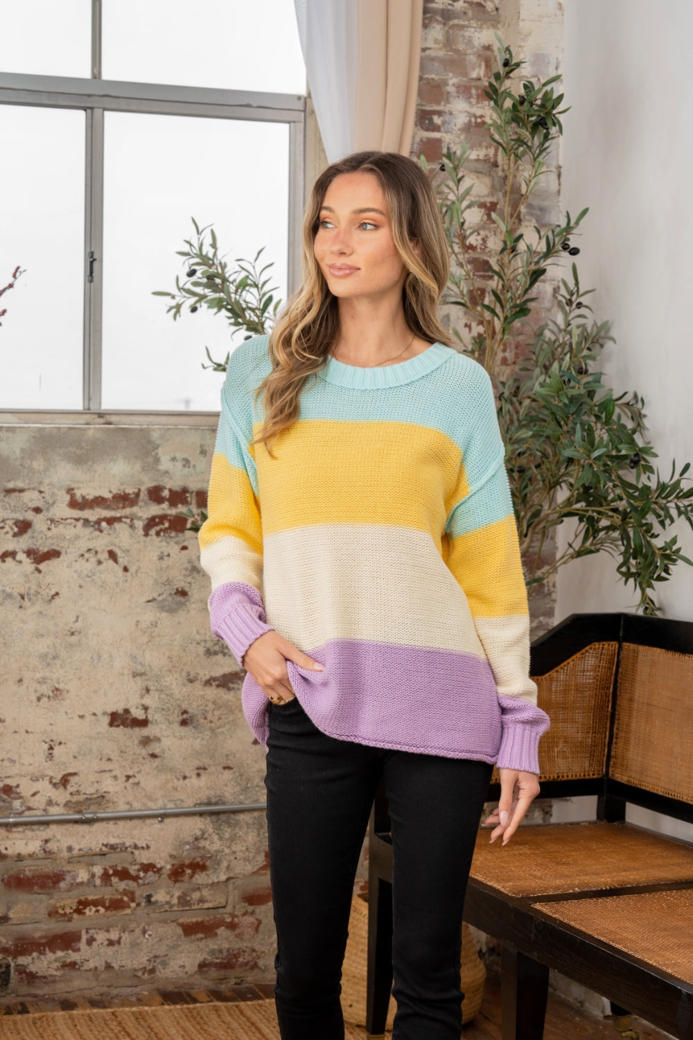 Sew In Love Full Size Color Block Exposed Seam Sweater