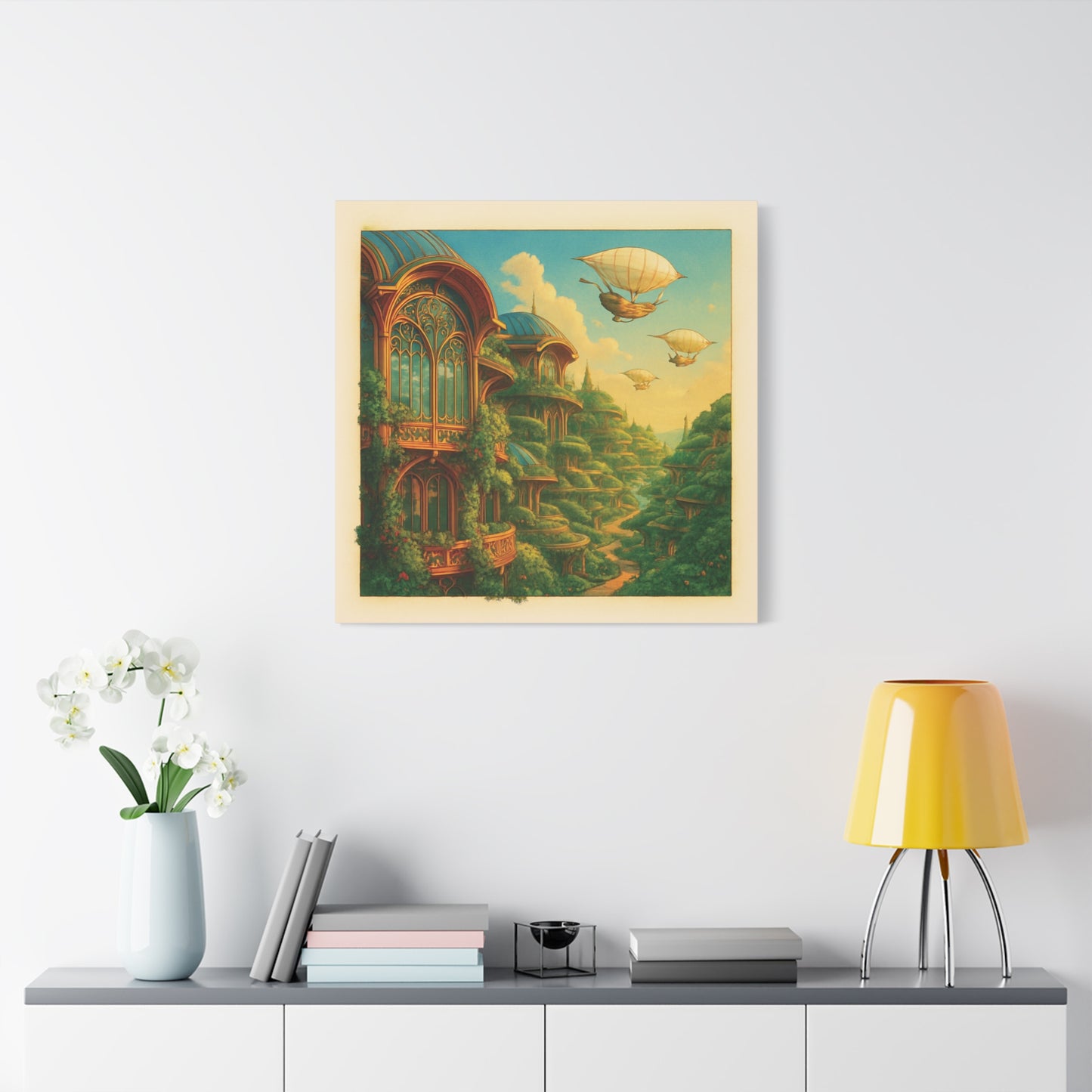 Solarpunk Utopia Cityscape - Futuristic Green Architecture & Airships Canvas Print Wall Art