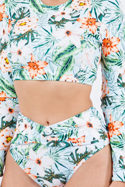 Two Piece Floral Prints with Long Sleeve Bikini