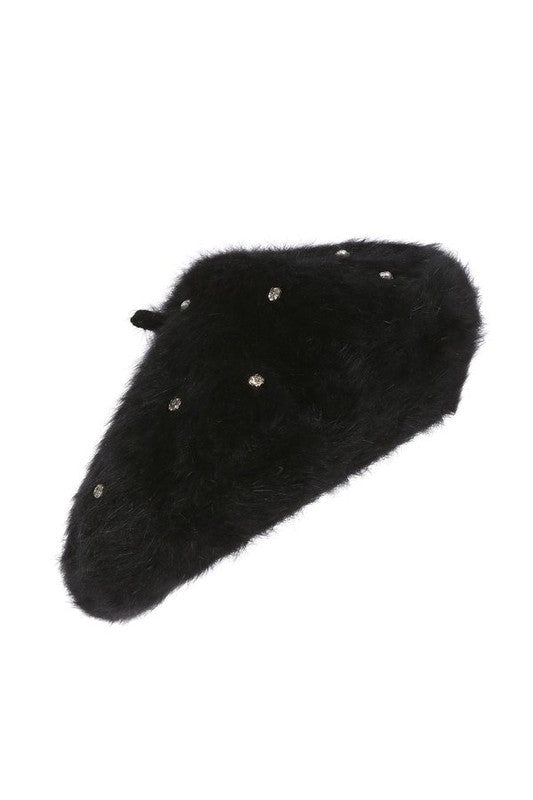 Rhinestone Faux Fur Beret