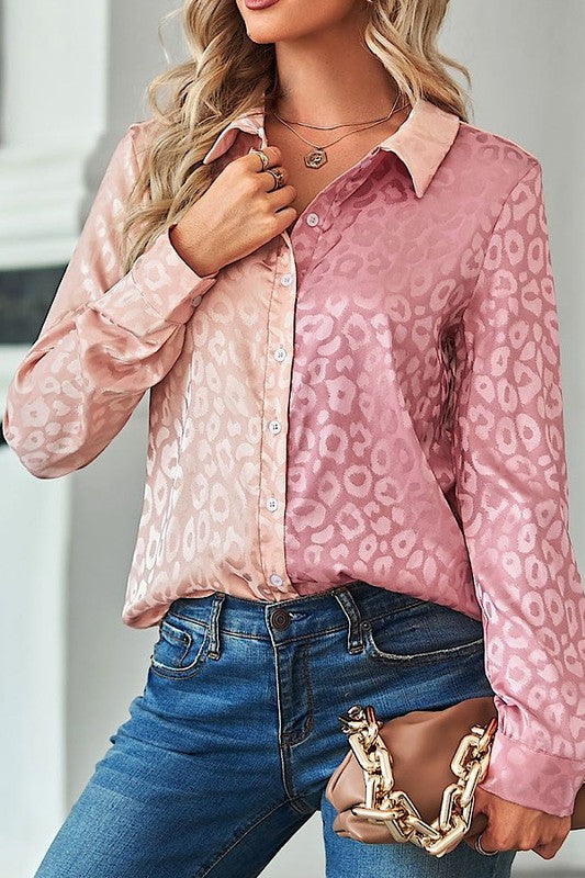 Miss Sparkling Satin Leopard Print Button Down Shirt