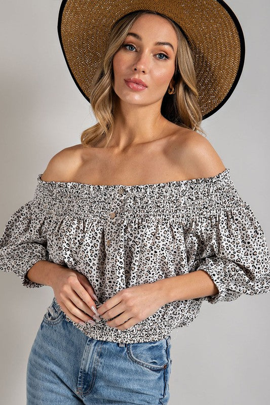 Eesome |Animal Print Smocked Off the Shoulder Top