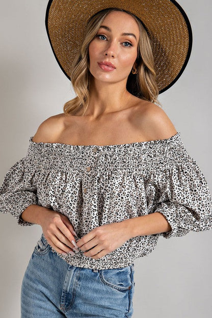 Eesome |Animal Print Smocked Off the Shoulder Top