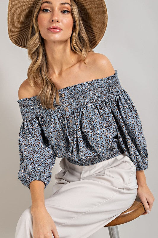 Eesome |Animal Print Smocked Off the Shoulder Top