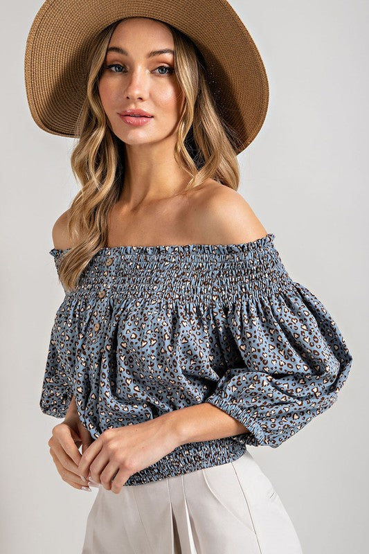 Eesome |Animal Print Smocked Off the Shoulder Top