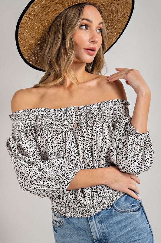 Eesome |Animal Print Smocked Off the Shoulder Top