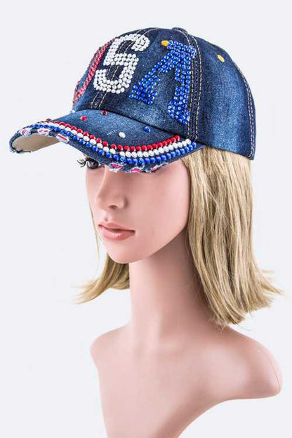 Crystal USA Embellished Fashion Denim Cap