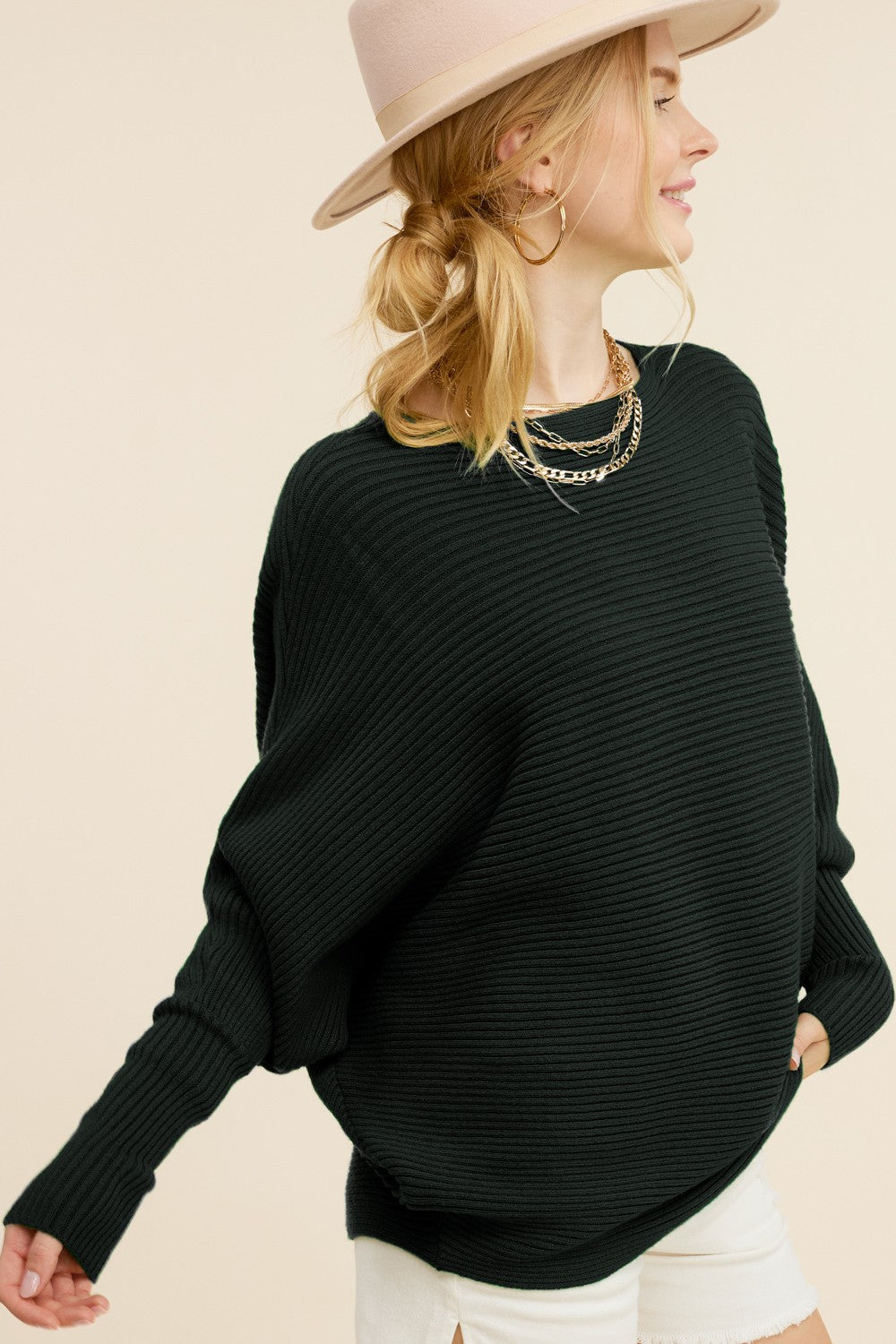 Ribbed Knit Mae Cozy Relaxed Boat Neckline Bubble Sleeve Sweater