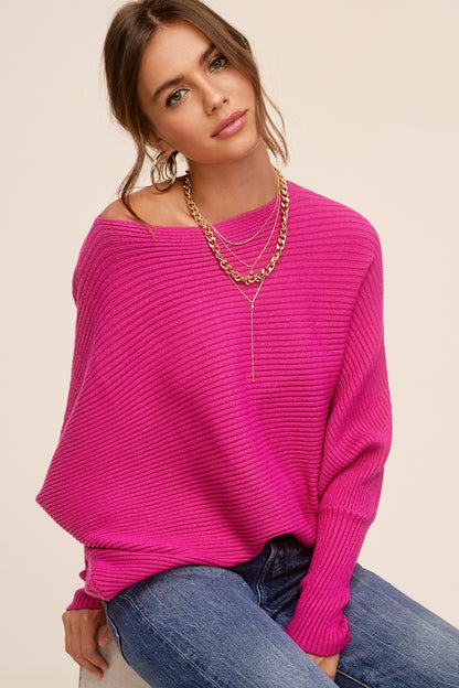 Ribbed Knit Mae Cozy Relaxed Boat Neckline Bubble Sleeve Sweater