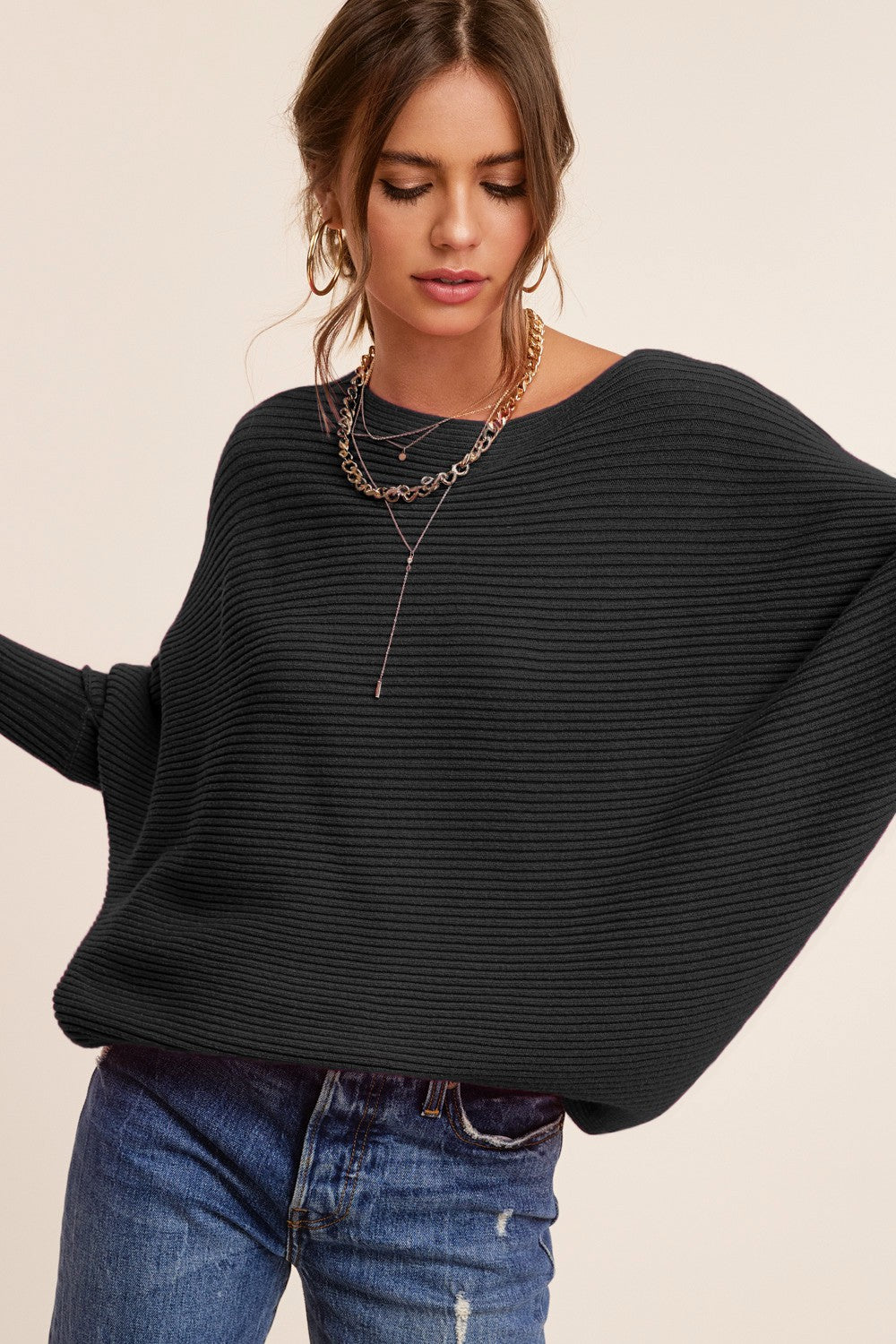 Ribbed Knit Mae Cozy Relaxed Boat Neckline Bubble Sleeve Sweater