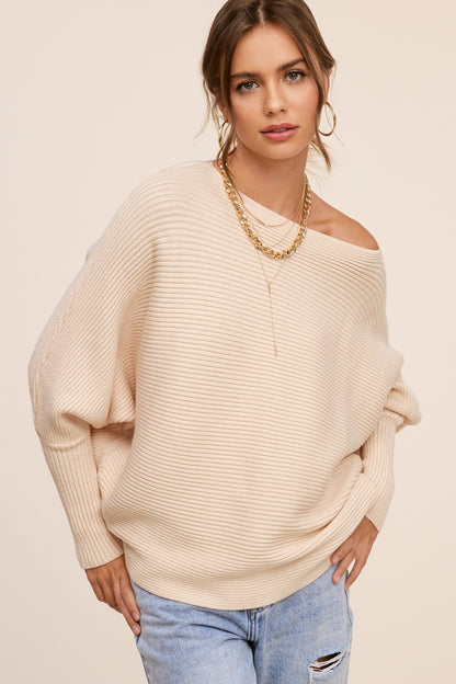 Ribbed Knit Mae Cozy Relaxed Boat Neckline Bubble Sleeve Sweater