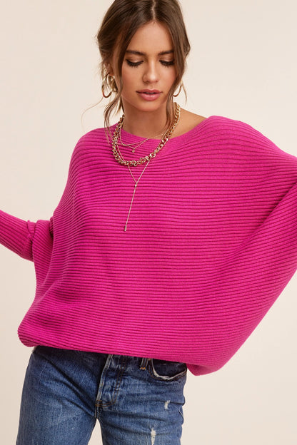 Ribbed Knit Mae Cozy Relaxed Boat Neckline Bubble Sleeve Sweater