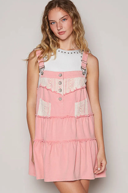 POL Lace Patchwork Detail Denim Overall Dress