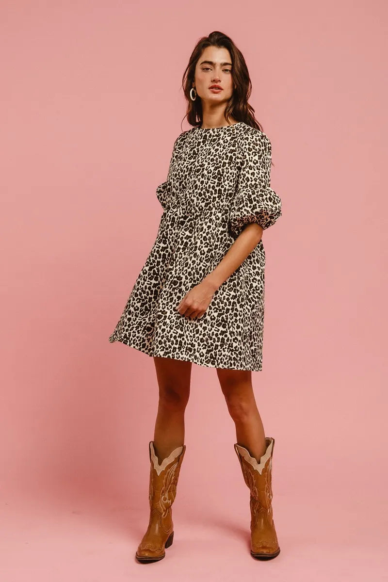 BiBi Leopard Denim Dress With Back Contrast Tie Detail