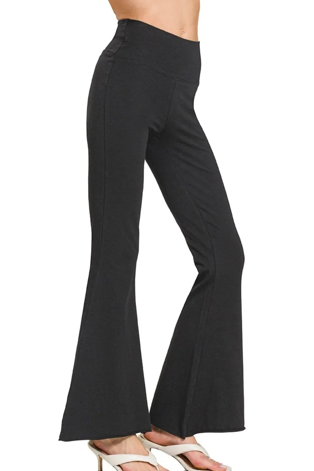 Zenana Raw Edge Hem Flare Yoga Pants in Black