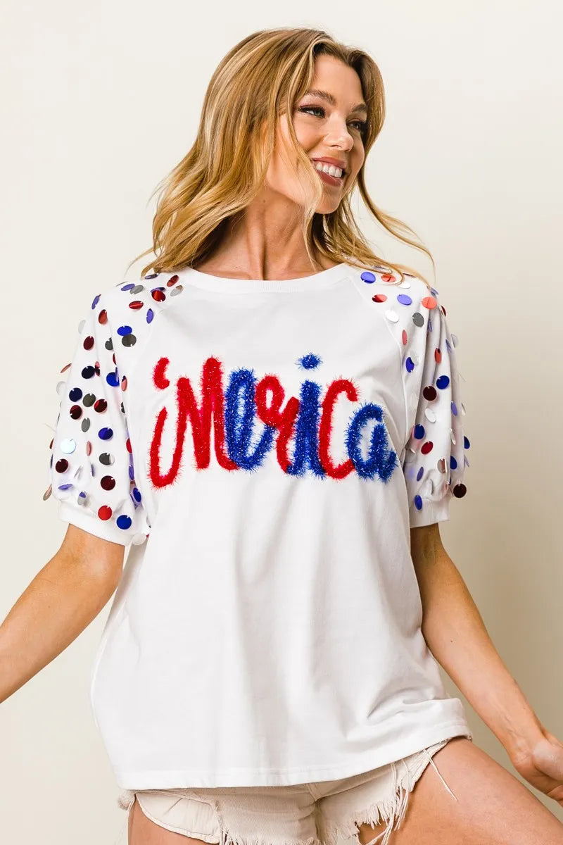 BiBi Metallic Letter Spangle Raglan Puff Sleeve Top