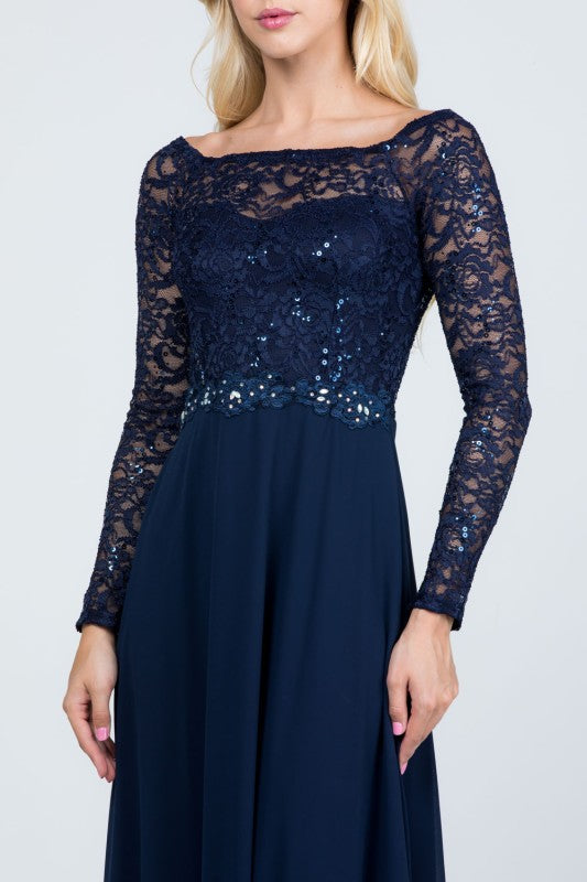 La Scala Long Sleeve Lace and Chiffon A-Line Gown