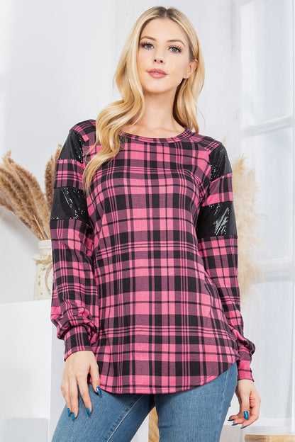 Plaid Print Pullover with Sequin Foil Contrast