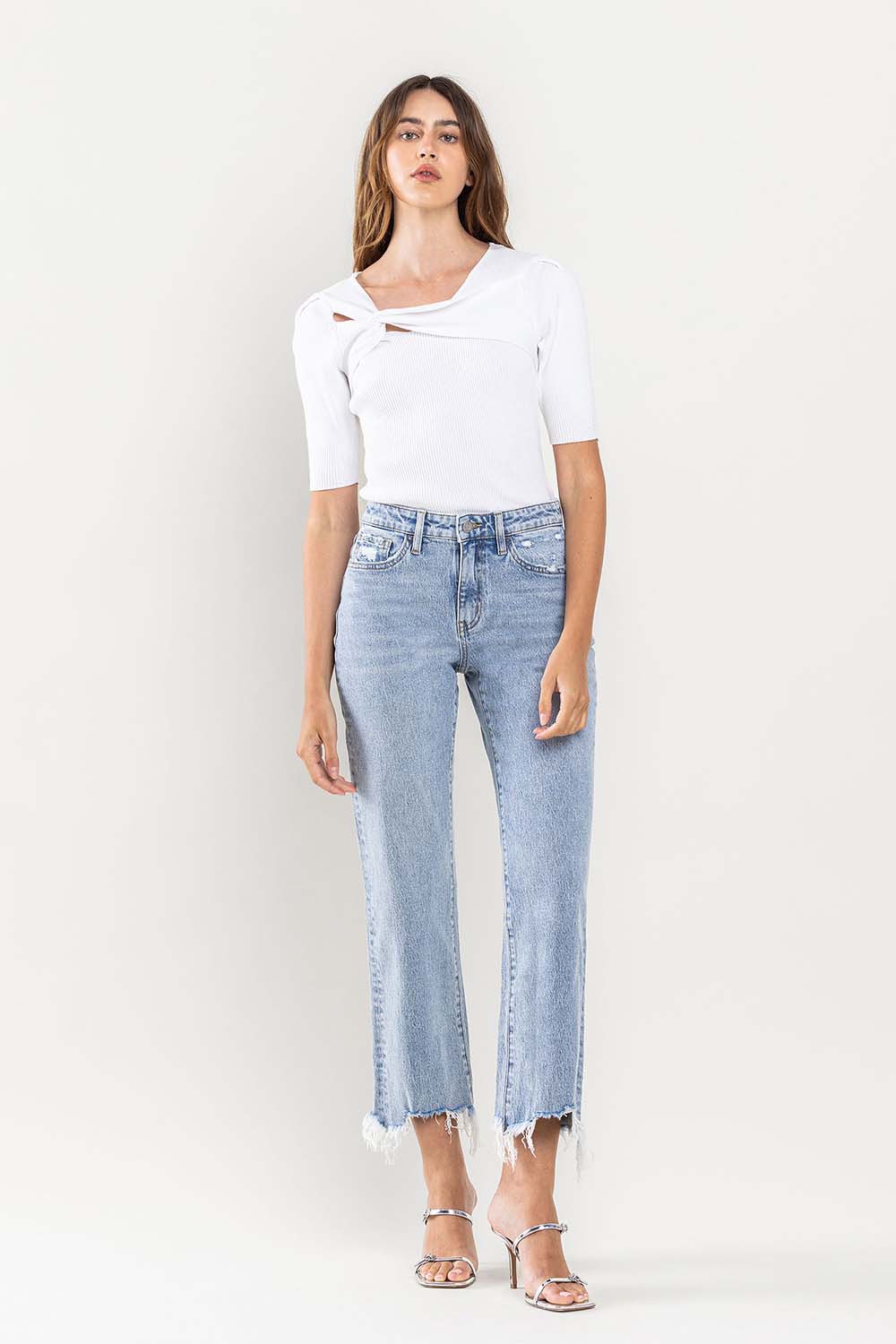 Casual High Rise Distressed Hem Cropped Jeans