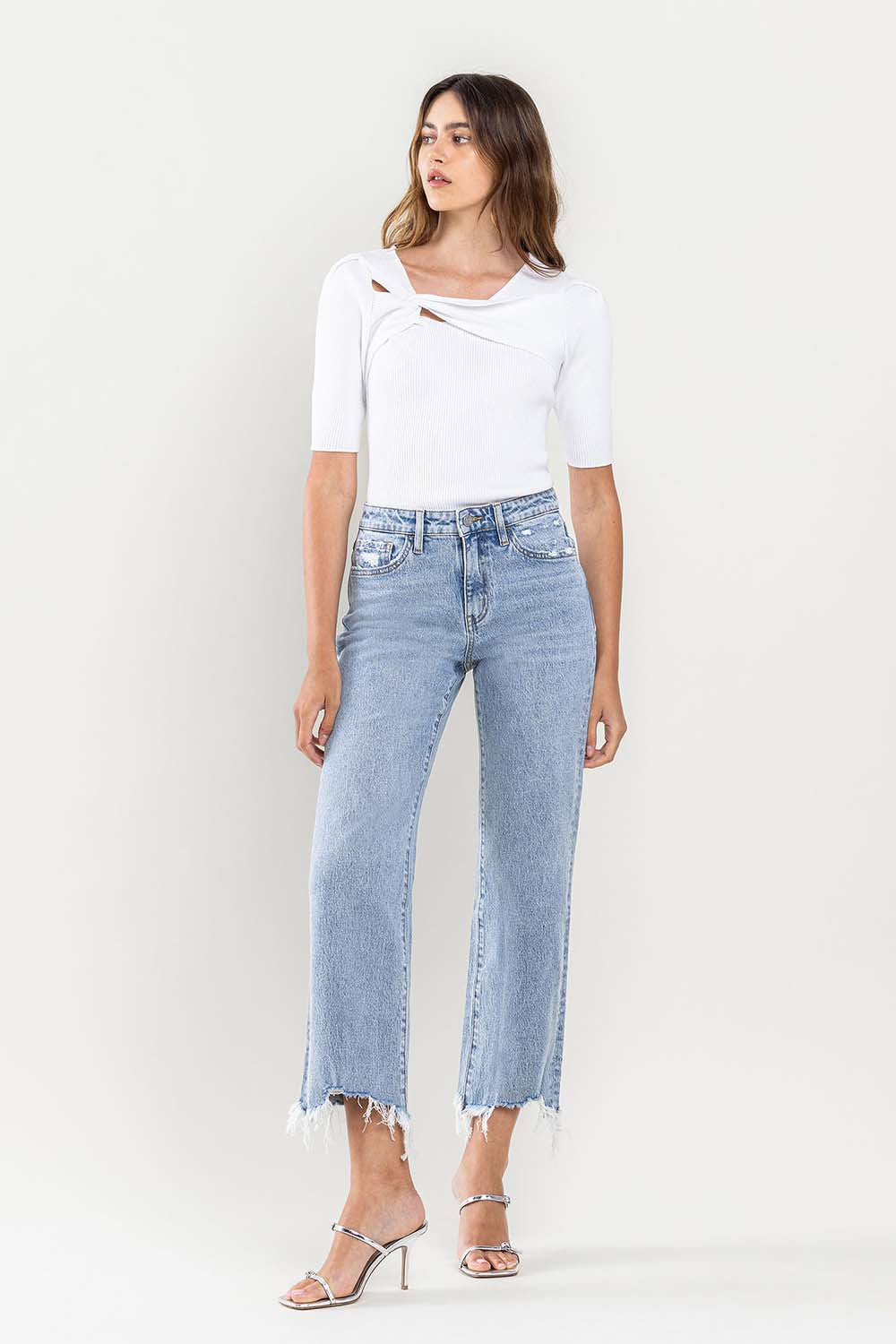 Casual High Rise Distressed Hem Cropped Jeans