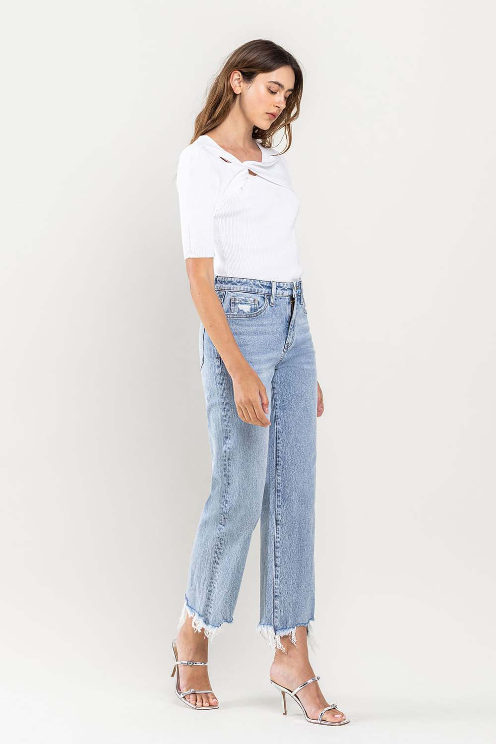 Casual High Rise Distressed Hem Cropped Jeans